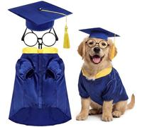 Huhumy 3 Pcs Dog Graduation Costume Set Include Pet Graduation Gown Adjustable Puppy Grad Cap with Gold Tassel Lensless Glasses for Dogs Cats Holiday Costume Accessory(Royal Blue,L)