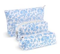 Huhumy 3 Pcs Makeup Bag Set for Women Corduroy Cosmetic Pouch Aesthetic Smile Travel Toiletry Bag Cute Purse Pouch Pencil Case Makeup Brushes Storage Organizer for Christmas, Blue, Flower Style