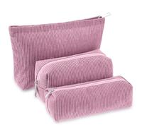 Huhumy 3 Pcs Makeup Bag Set for Women Corduroy Cosmetic Pouch Aesthetic Smile Travel Toiletry Bag Cute Purse Pouch Pencil Case Makeup Brushes Storage Organizer with Zipper, Rose Pink, Solid Style