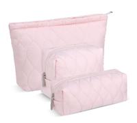 Huhumy 3 Pcs Puffy Makeup Bag Quilted Cosmetic Pouch for Women Cute Checkered Travel Toiletry Bag Puffer Makeup Organizer Purse Pouch Preppy Pencil Case with Zipper, Light Pink