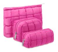 Huhumy 3 Pcs Puffy Makeup Bag Quilted Cosmetic Pouch for Women Cute Checkered Travel Toiletry Bag Puffer Makeup Organizer Purse Pouch Preppy Pencil Case with Zipper, Hot Pink