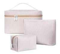 Huhumy 3Pieces Cute Seersucker Makeup Bag Set for Women, Khaki, 9.8 x 6.3 x 5.3 inches, Stripe
