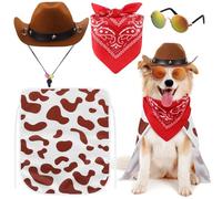 Huhumy 4 Pcs Dog Cowboy Costume Set Includes Pet Cowboy Hat, Triangle Bandana, Puppy Cape and Hiphop Glasses for Halloween Dog Cat Puppy Kitten Costume Accessories(Brown+ Red,Small)