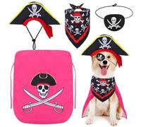 Huhumy 4 Pcs Dog Pirate Costume Set Dog Pirate Hat Pet Skull Triangle Bandana Puppy Cape and Eye Mask for Halloween Outfits Accessories(Pink,Small)
