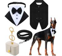 Huhumy 4 Pcs Dog Wedding Tuxedo Outfit for Large Dogs Pet Ring Box Security Gift Set Include Wedding Ring Holder Pouch Box Formal Dog Tux PU Leather Leash Black Gentleman Pet Tux with Bowtie Set