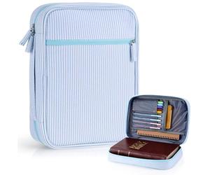 Huhumy Bible Cover Case for Women, Durable Carrying Book Case Church Bag for Biblical Accessories, Seersucker Book Protector for Scriptures, Christian Gift for Books Lovers(Blue)