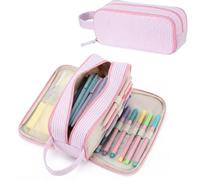 Huhumy Big Capacity Pencil Case Pen Pouch, Study Supplies Cute Seersucker Pencil Box with 3 Compartments, Multiple Pockets, Sturdy Zipper, Cute Pen Bag Organizer for College Office(Pink)