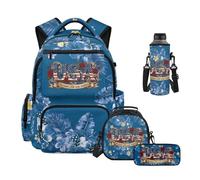 HUIACONG America 250th Birthday School Backpack for Girls 4 Pcs Set Blue Backpack with Lunch Box Pencil Case Neoprene Water Bottle Bag for Elementary Middle School Students