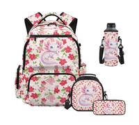 HUIACONG Axolotl Backpacks for Girls 4-in-1 Set Red Daisy Backpack for School with Lunch Box Pencil Case Neoprene Water Bottle Sleeve for 10-12 Years