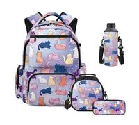 HUIACONG Cat School Backpack for Girls 4 Pcs Set Kawaii Backpack with Lunch Box Pencil Case Neoprene Water Bottle Bag for Elementary Middle School Students