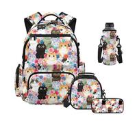 HUIACONG Girls Cat School Backpack 4 Pcs Set Flower Backpack with Lunch Box Pencil Case Water Bottle Sleeve for 4th 5th 6th Grade Elementary Middle School