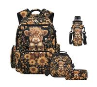 HUIACONG Girls Highland Cow School Backpack 4 Pcs Set Sunflower Backpack with Lunch Box Pencil Case Water Bottle Sleeve for 4th 5th 6th Grade Elementary Middle School