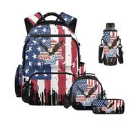 HUIACONG Kids Happy 250th Anniversary Backpack with Lunch Compartment 4 Piece Set Large USA Flag Backpack for School with Pencil Case Water Bottle Sleeve for 8-12 Years Girls