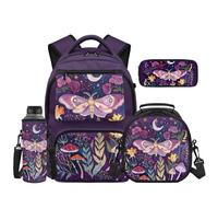 HUIACONG Kids Moth Backpacks for Girls 4-in-1 Set Large Purple Rose Backpack for School with Lunch Box Pencil Case Neoprene Water Bottle Sleeve for 10-12 Years