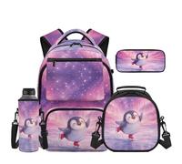 HUIACONG Kids Penguin Backpacks for Girls 4-in-1 Set Large Penguin Dancing Backpack for School with Lunch Box Pencil Case Neoprene Water Bottle Sleeve for 10-12 Years