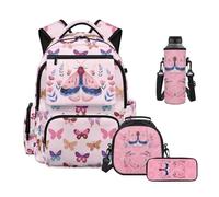 HUIACONG Pink Moth School Backpack for Girls 4 Pcs Set Butterfly Backpack with Lunch Box Pencil Case Neoprene Water Bottle Bag for Elementary Middle School Students