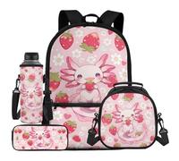 HUIACONG Pink Strawberry Backpack for Girls Axolotl Rucksack with Lunch Box Set Little Kids Schoolbag Middle School Backpacks Lunchbbox Back to School Supplies