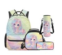 HUIACONG Rainbow Horse Backpack for Kids 17 Inch Laptop Bookbag with Insulated Lunch Box Pencil Case & Water Bottle Pocket, Large Capacity Middle High School Travel Daypack Set of 4