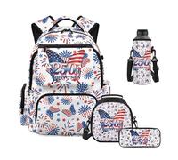 HUIACONG USA 250th Anniversary School Backpack for Girls 4 Pcs Set American Flag Butterfly Backpack with Lunch Box Pencil Case Neoprene Water Bottle Bag for Elementary Middle School Students