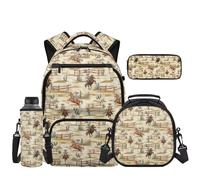 HUIACONG Western School Backpack for Kids 4 Pcs Set Cowboy Horse Backpack with Lunch Box Pencil Case Neoprene Water Bottle Bag for Elementary Middle School Students