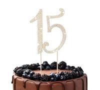 HUIANER 15th Rhinestones Cake Topper, Gold 15th Birthday Cake Decoration, Adult Ceremony or Anniversary Party Decor Ideal Perfect Keepsake