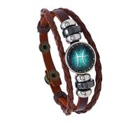 HUIANGLIYG 12 Constellations Zodiac Bracelets Leather Brown Hand Woven Braided Rope Bracelet For Women Men Retro Adjustable Snap Buckle Wristband Chain Jewelry Accessories Pisces 21 Cm