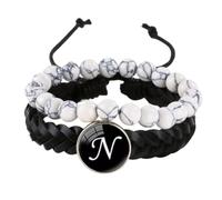 HUIANGLIYG Adjustable initials Gemstone Bracelets Set for Women Men Handmade Braided Leather Wristbands Stackable A Z Letter White Turquoise Beaded Bracelet for Friendship Jewelry Gift Letter N