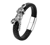HUIANGLIYG Animal Genuine Leather Bracelet For Men 3D Leopard Charm Black Braided Leather Wristband With Magnetic Clasp Trendy Punk Wrist Jewelry For Him White 23 Cm