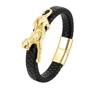 HUIANGLIYG Animal Genuine Leather Bracelet For Men 3D Leopard Charm Black Braided Leather Wristband With Magnetic Clasp Trendy Punk Wrist Jewelry For Him Gold 19 Cm