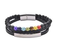 HUIANGLIYG Black Braided Leather Bracelet For Men Women Multi-Layer Braided Beaded Wristband Vintage Natural Stone Woven Leather Bracelet For Casual Daily Wear & Gift 7 Chakras 21 Cm