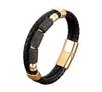HUIANGLIYG Black Double Row Braided Leather Bracelet for Men Natural Stone Beads Bracelet with Gold Magnetic Clasp Adjustable Handmade Wristband Fashion Jewelry Gift Volcanic Rock 21Cm