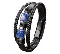 HUIANGLIYG Black Leather Bracelet For Men Double Natural Gemstone Crystal Cuff Wristband Three-Layer Leather Rope Braided Cuff Bracelet Retro Bohemian Jewelry Gift Lapis-Lazuli 21 Cm