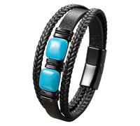 HUIANGLIYG Black Leather Bracelet For Men Double Natural Gemstone Crystal Cuff Wristband Three-Layer Leather Rope Braided Cuff Bracelet Retro Bohemian Jewelry Gift Blue-Turquoise 19 Cm