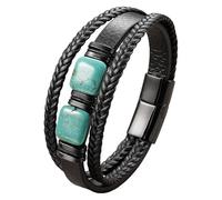 HUIANGLIYG Black Leather Bracelet For Men Double Natural Gemstone Crystal Cuff Wristband Three-Layer Leather Rope Braided Cuff Bracelet Retro Bohemian Jewelry Gift Turquoise 19 Cm