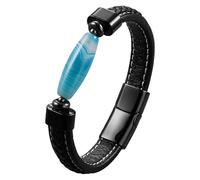 HUIANGLIYG Black Leather Bracelet For Men Natural Gemstone Bead Leather Bracelet Boho Unisex Handmade Braided Wristband With Magnetic Clasp Retro Punk Men'S Jewelry Blue Agate 21 Cm