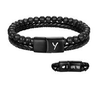 HUIANGLIYG Black Leather Bracelets For Mens Gifts Natural Lava Rock Matte Agate Magnetic Clasp Initial Bracelet Engraved I Love You Romantic Gift For Boyfriend Husband Y 21 Cm