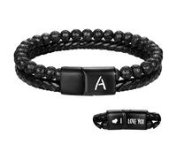 HUIANGLIYG Black Leather Bracelets For Mens Gifts Natural Lava Rock Matte Agate Magnetic Clasp Initial Bracelet Engraved I Love You Romantic Gift For Boyfriend Husband A 21 Cm
