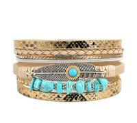 HUIANGLIYG Bohemian Feather Leather Bracelets for Women Multi Strand Irregular Natural Stone Beads Cuff Bracelets Retro Ethnic Style Wide Wristbands Jewelry Gifts for Wife Sister Gold+Turquoise 19.5