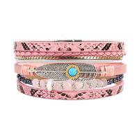 HUIANGLIYG Bohemian Feather Leather Bracelets for Women Multi Strand Irregular Natural Stone Beads Cuff Bracelets Retro Ethnic Style Wide Wristbands Jewelry Gifts for Wife Sister Pink+Rose Quartz 19