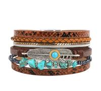 HUIANGLIYG Bohemian Feather Leather Bracelets for Women Multi Strand Irregular Natural Stone Beads Cuff Bracelets Retro Ethnic Style Wide Wristbands Jewelry Gifts for Wife Sister Brown+Turquoise 19C