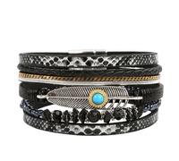 HUIANGLIYG Bohemian Feather Leather Bracelets for Women Multi Strand Irregular Natural Stone Beads Cuff Bracelets Retro Ethnic Style Wide Wristbands Jewelry Gifts for Wife Sister Black+Obsidian 19Cm