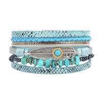HUIANGLIYG Bohemian Feather Leather Bracelets for Women Multi Strand Irregular Natural Stone Beads Cuff Bracelets Retro Ethnic Style Wide Wristbands Jewelry Gifts for Wife Sister Blue+Turquoise 19.5