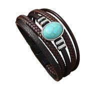 HUIANGLIYG Bohemian Multi Layer Leather Wrap Bracelet for Men Women Braided Leather Wristband with Turquoise Stone Retro Stylish Jewellery Gift for Daily Party Wear Brown 22Cm