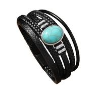 HUIANGLIYG Bohemian Multi Layer Leather Wrap Bracelet for Men Women Braided Leather Wristband with Turquoise Stone Retro Stylish Jewellery Gift for Daily Party Wear Black 20Cm