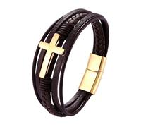 HUIANGLIYG Bracelet for Men, Cross Brown Leather Bracelet Multi Strand Handmade Braided Cuff Wristband with Magnetic Clasp Unisex Religious Bangle Suitable for Daily Worship Birthday Gifts Gold Buck