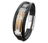 HUIANGLIYG Chunky Cross Bracelet For Men Religious Christian Double-Row Braided Leather Bracelet With Magnetic Clasp Punk Jewelry Gift For Dad, Brother And Friends Gold 23 Cm