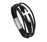 HUIANGLIYG Cross Bracelet for Men Black Multi Layer Braided Genuine Leather Bracelets with Magnetic Clasp Classic Handmade Wristband Religious Faith Cuff Bangle Jewellery Gift for Him Silver Buckle