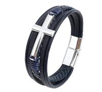 HUIANGLIYG Cross Bracelet for Men Women Vikings Multi-Layer Handmade Braided Genuine Leather Wristband with Magnetic Clasp Classic Religious Cross Bangle for Daily Church WearNavy Leather-Silver Acc