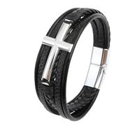HUIANGLIYG Cross Bracelet for Men Women Vikings Multi-Layer Handmade Braided Genuine Leather Wristband with Magnetic Clasp Classic Religious Cross Bangle for Daily Church WearBlack Leather-Silver Ac