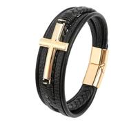 HUIANGLIYG Cross Bracelet for Men Women Vikings Multi-Layer Handmade Braided Genuine Leather Wristband with Magnetic Clasp Classic Religious Cross Bangle for Daily Church WearBlack Leather-Gold Acce